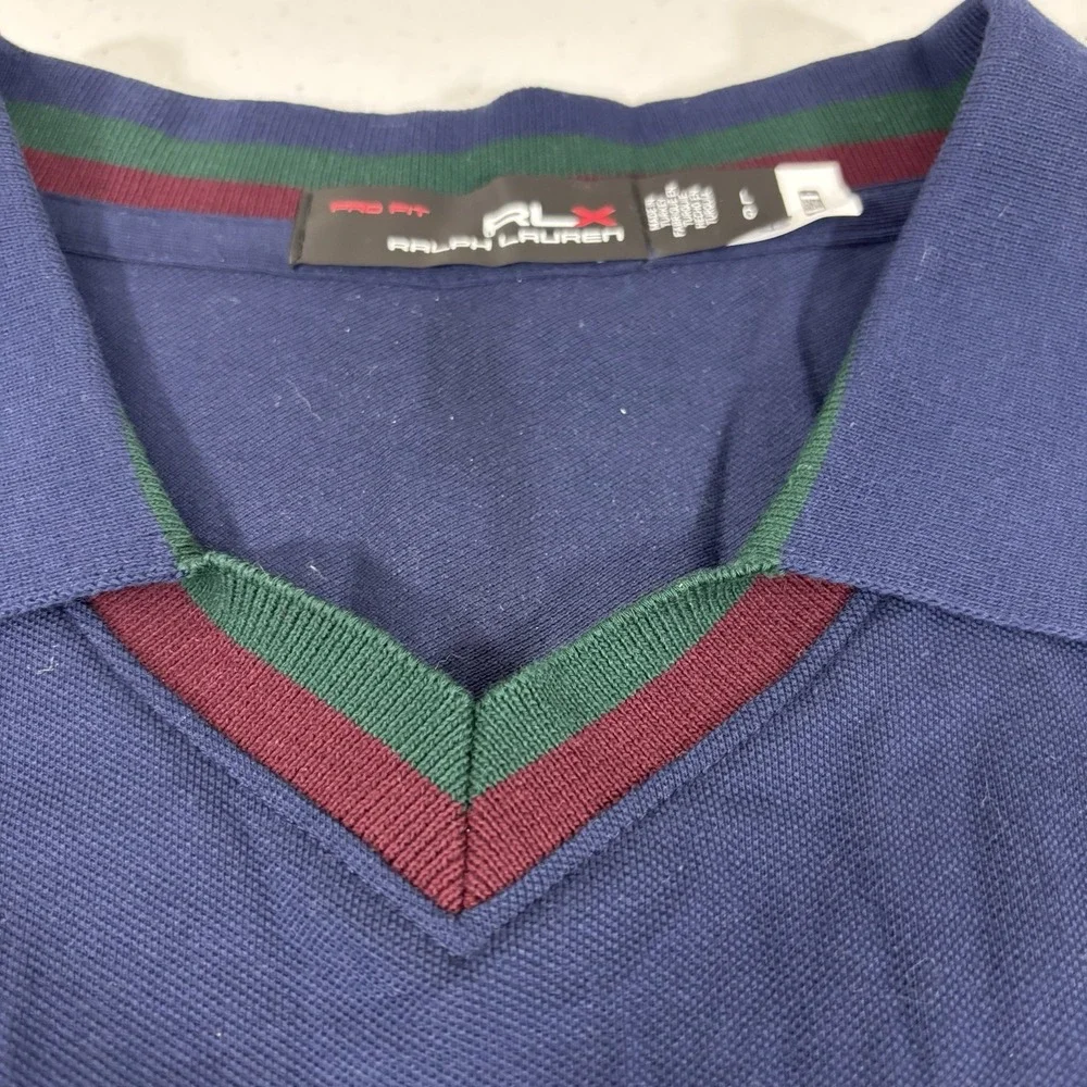RLX Ralph Lauren Men's Striped V-Neck Pro Fit Polo Shirt Navy Blue Sz L Knit